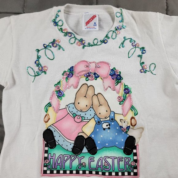 Vintage Jerzees Kids Small White T Shirt Happy Easter Bunny Short Sleeve Cute - Picture 3 of 9
